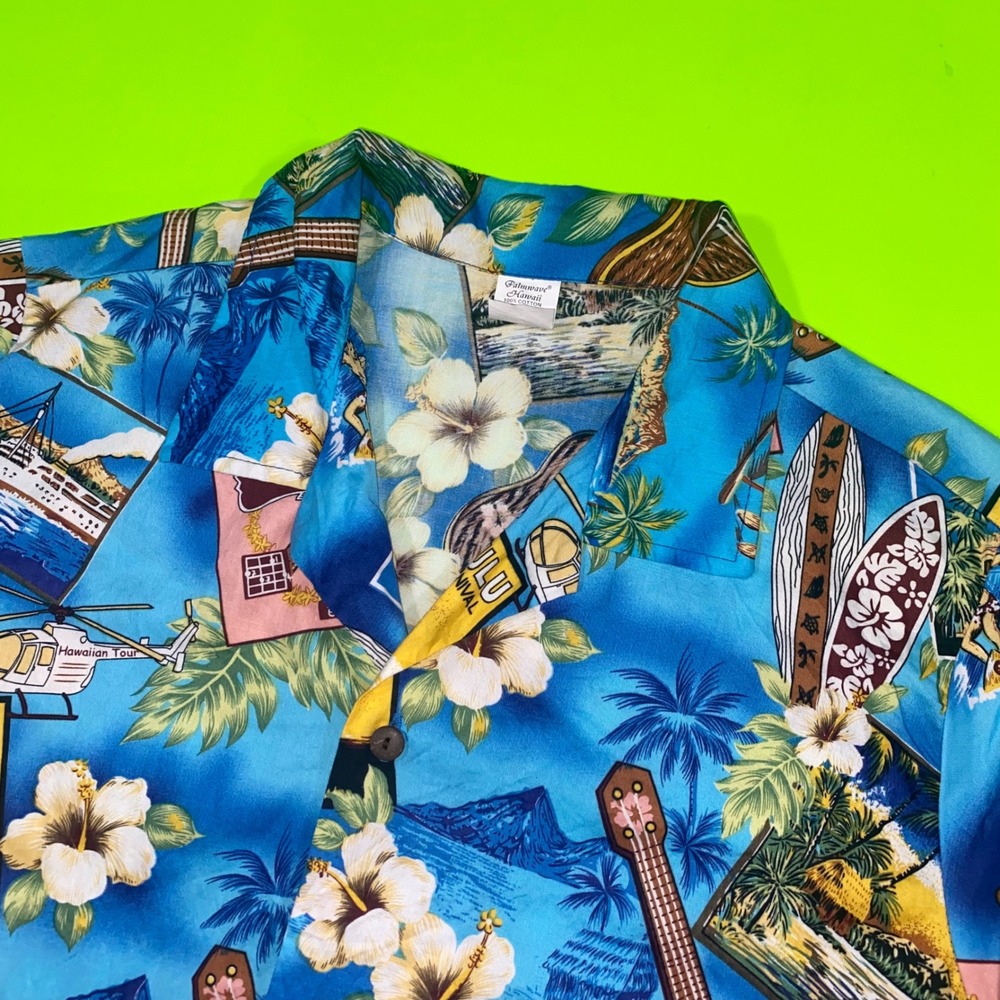 Palmwave Hawaii Kids Aloha Shirt Size 16 Cotton Blue Tropical Surf Guitar‎ Tiki